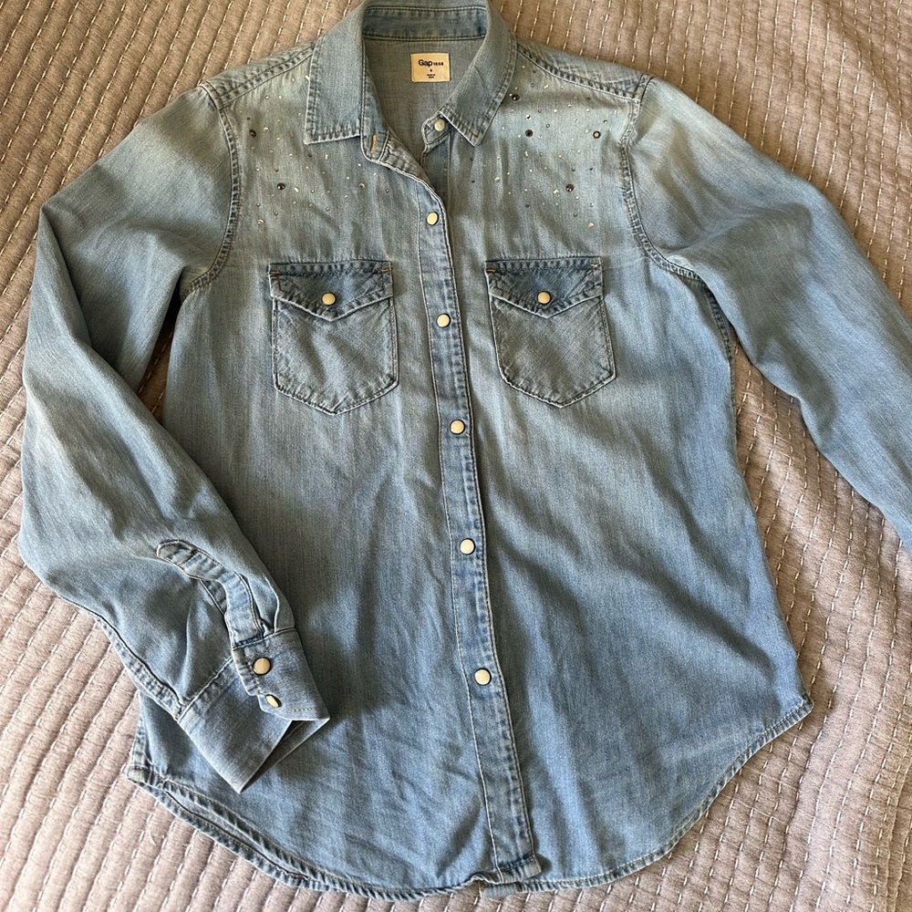 Denim Button-Up Shirt with Stud Details
